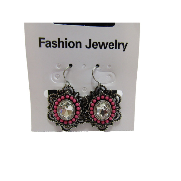 Silver Pink Geometric Rhinestone Bead Hook Dangly Earrings Boho - Picture 1 of 2